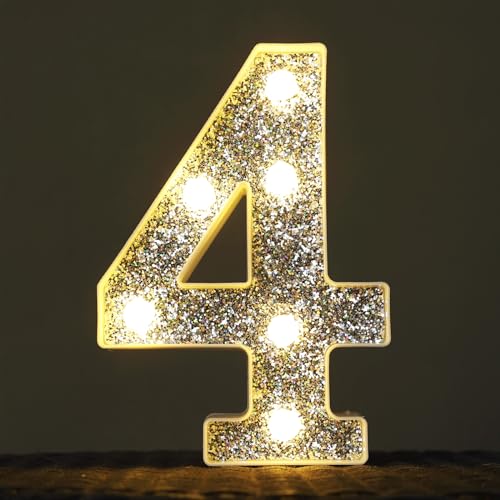 Image of Light Up Letters, Marquee Light Letter for Table Decorations, Glitter Light Up Signs for Prom, Events, or Engagement Party Decor, Featuring Alphabet & Number Lighted Letters, Number 4