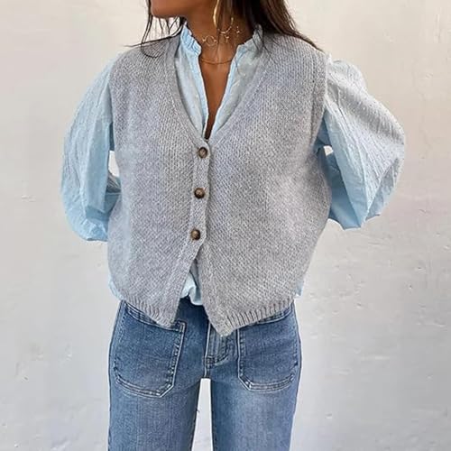Image of Women's Y2K Button-up Knit Top Coquette Vintage Sweater Vest Fairy Grunge Solid Color Crew Neck Knit Waistcoat (D Gray, M)