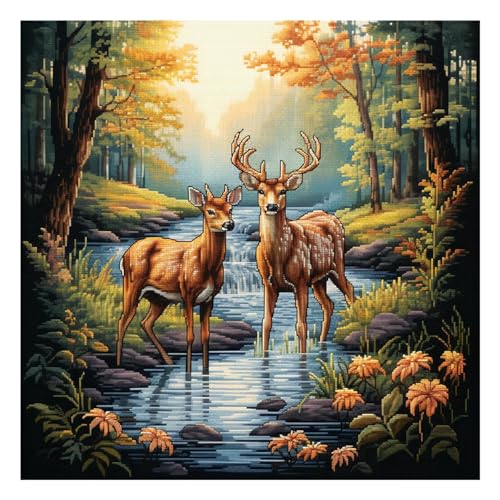 Xinpinzhou Fawn 11ct Cross Stitch Kits, 11 CT Funny Pre Printed Counted Stamped Cross Stitch Embroidery Needlepoint Deer Animals Patterns Kits for Beginners Adults Crossstitch 40 x 40 cm