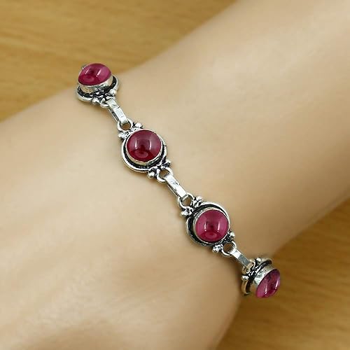 Miniatura 6 de Round Shape Natural & Synthetic Gemstones Silver Plated Bracelets for Women - Vintage Bohemian Style Handmade Birthstone Adjustable Link Bracelet
