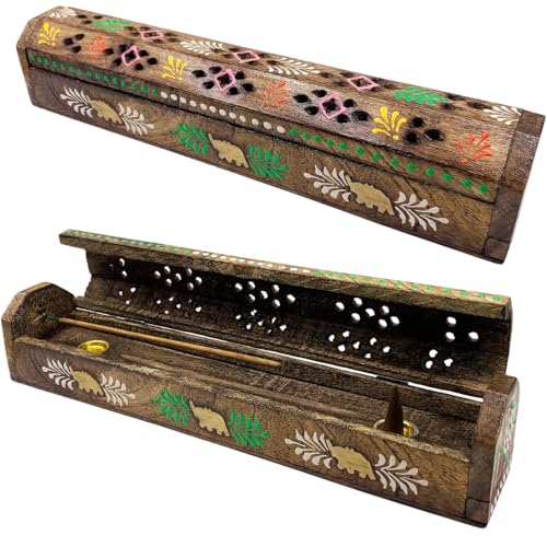Bruciatore Incenso (incensiero) Scatola di Legno Decorata a Mano in India - Esclusivo Design di Colori ed Elefanti 30.5x6.2x5.5 - Peso 240 g Porta Incenso Legno