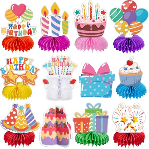 kockuu Birthday Party Table Decoration Centerpiece, 12 Pcs Colorful Happy Birthday Table Decoration Honeycomb for Holiday Celebrations Kids Party Decor Supplies