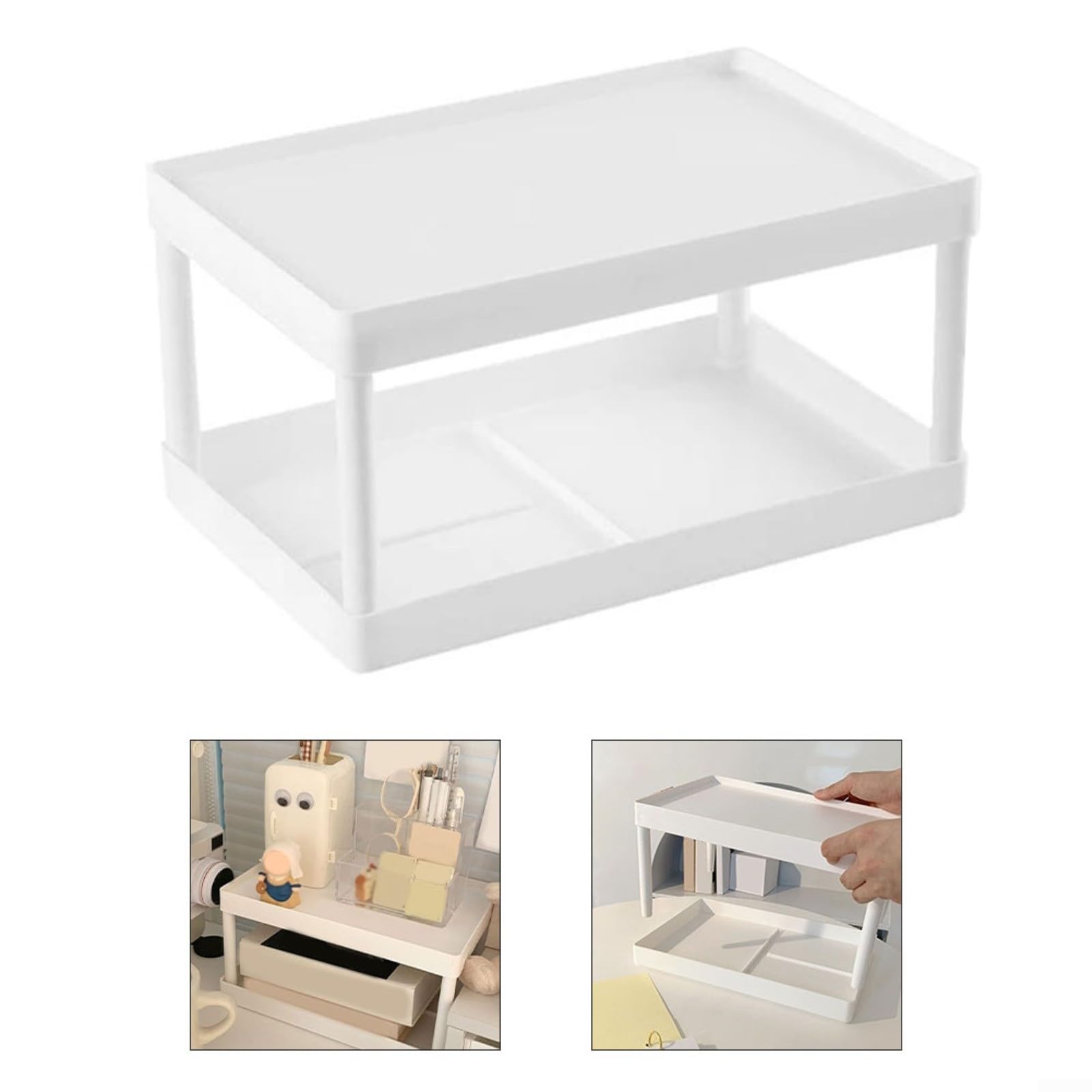 Doppelschichtiges Schreibtisch-Aufbewahrungsregal, abnehmbares Kunststoff-Organizer-Regal für Kosmetik, Schreibwaren, Büro, Wohnheim, Schlafzimmer, weiß, 28 x 185 x 15 cm