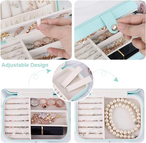 Image of Lazer Accessories Jewellery Organiser PU Leather Zipper Portable Storage Box Case with Dividers Container for Rings, Earrings, Necklace Home Organizer | Light Blue