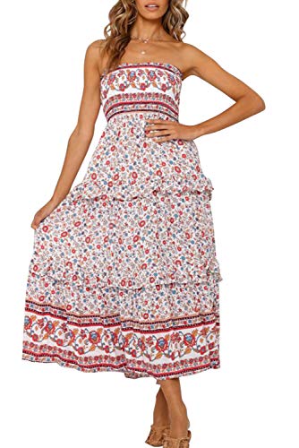 ZESICA Women's Summer Bohemian Floral Printed Strapless Beach Party Long Maxi Dress,Pink,Small