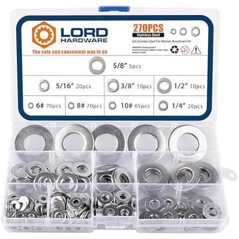 LordHardware 270PCS Stainless Steel SAE Flat Washers Assortment Hardware Kit 5/8'' 1/2'' 3/8'' 5/16'' 1/4'' 6# 8# 10# (Silver) Cover
