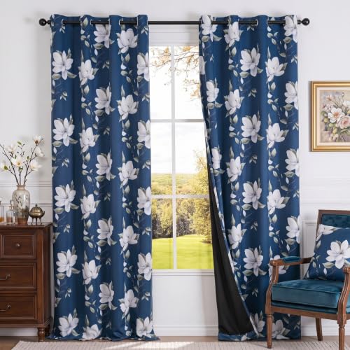 Image of MYSKY HOME Floral 95% Blackout Curtains 96 Inch Long 2 Panels Set for Kitchen White Flower Printed Thermal Insulated Light Blocking Black Out Grommet Window Treatments, 52 inch W Each Panel, Blue