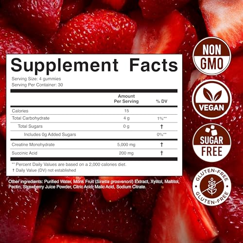 Image of Secret Element Strawberry Creatine Monohydrate Gummies 5000 mg per Serving, Sugar-Free Vegan Chews
