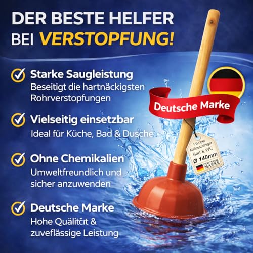 Abflussreiniger Rohrreiniger Pömpel Saugglocke 140mm Durchmesser - Extra starker Saugleistung - optimal geeignet für die Toilette, für Bad, Küche und Toilette - 1 Stück