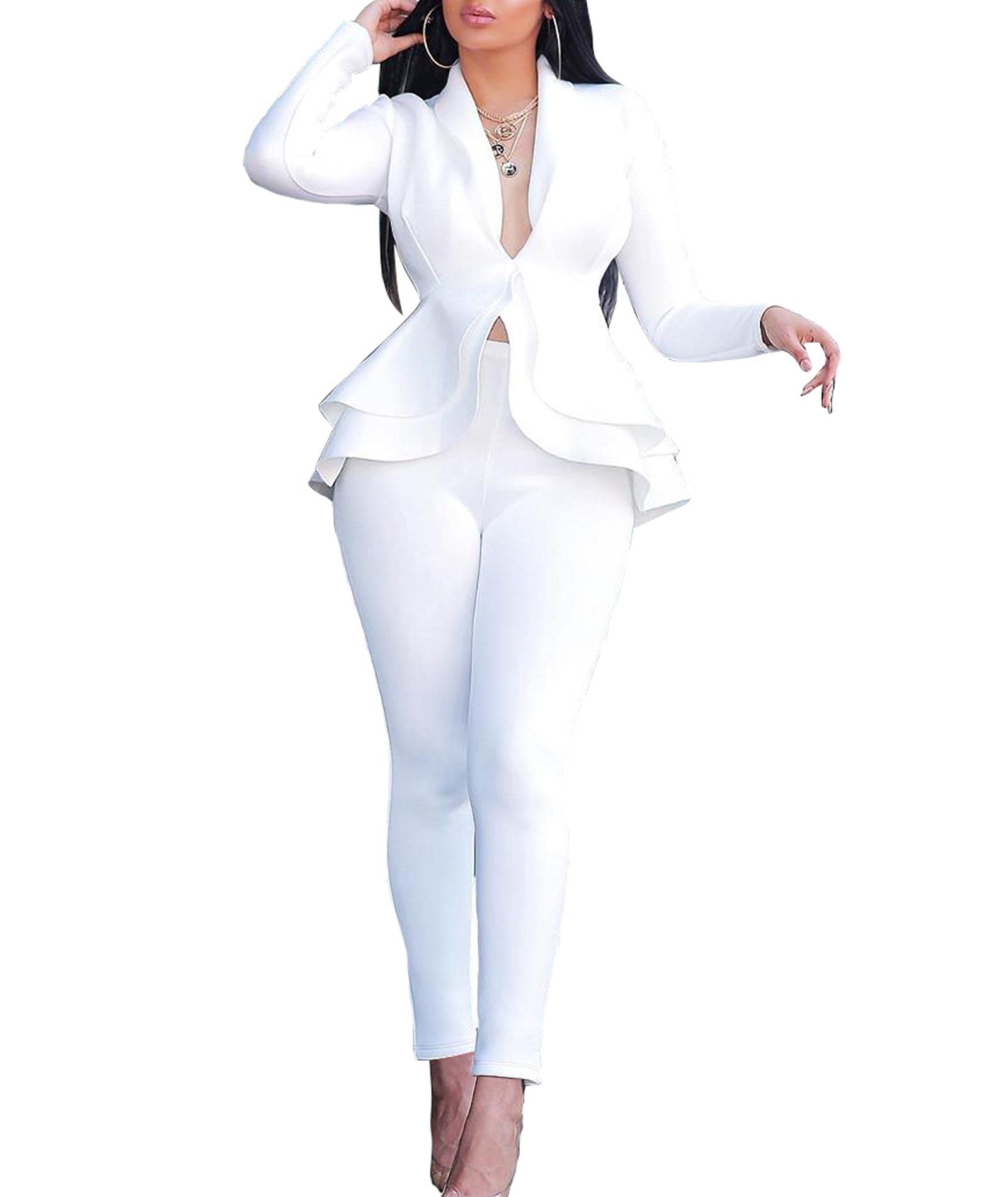 SOMTHRONWomen's Sexy 2 Piece Outfits Long Sleeve Deep V Ruffle Blazer with Pants Slim Fit Elegant Business Suit Sets