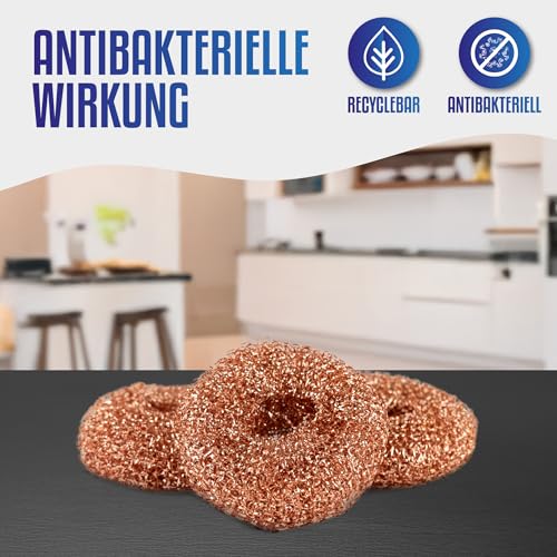 FUSL Kupferschwamm kratzfrei 3 Stück - Antibakterieller Putzschwamm für kratzfreie Reinigung - für Edelstahl, Keramik, Glas, Ceran & mehr - langlebig und hygienisch - universell für Küche und Grill