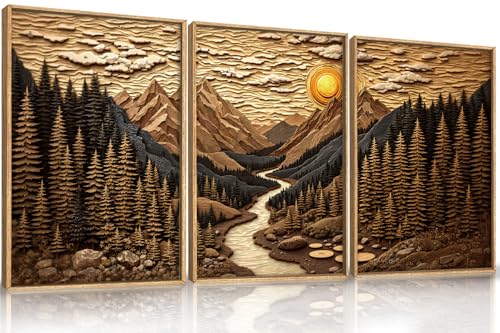 HPNIUB Abstract Landscape Mountain Canvas Wall Art Set, Vibrant Sun Forest Pine Tree Wall Decor, Wilderness Nature River Artwork Rustic Scenery Art Print for Living Room,Bedroom,Office-16 x24 x3