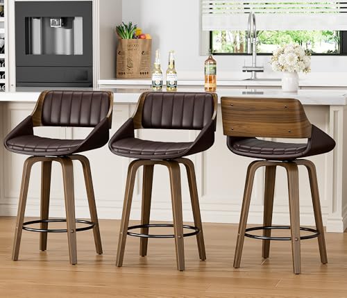 Image of YaFiti Bar Stools Set of 4, 26 inch Swivel Counter Height Barstools with Bentwood Back and Legs, Mid Century Modern Upholstered Faux Leather Counter Stools for Kitchen Island, Bar, Dining Room, Brown