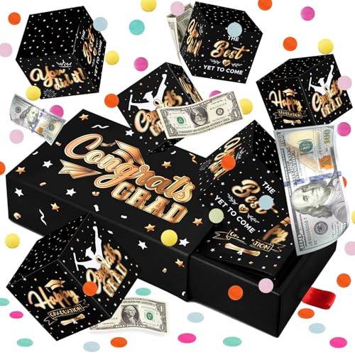 WenmthG 2026 Graduation Surprise Gift Box Explosion for Money - 10 Pcs Grad Pop Out Folding Bounce Money Gift Box with Confetti - Cash Gift Idea for Grad - Graduation Money Bank Party Supply (Black Gold)