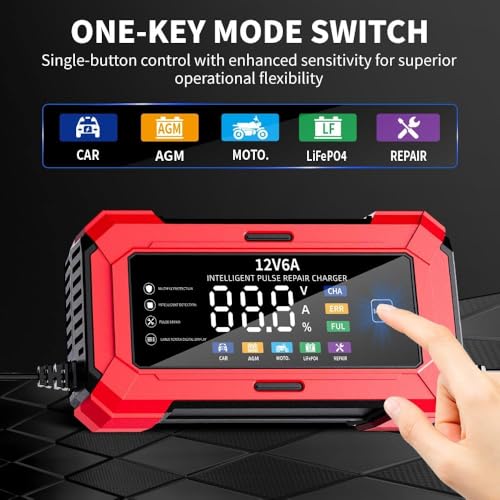 Image of Ash & Roh 12V 6A Smart Pulse Repair Car Battery Charger with Digital LED Display - Automatic Charging for Lead-Acid, AGM, Gel & EFB Batteries (Not for Lithium Batteries)