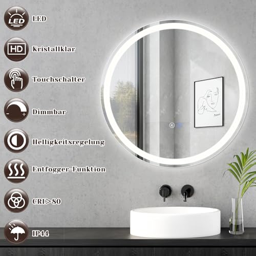 Mursche Spiegel Bad Badezimmerspiegel mit Beleuchtung - LED Badspiegel Rund 70cm Wandspiegel Badezimmer Dimmbar 3000K-6500K mit Touch-Schalter und Entfogger-Funktion 2