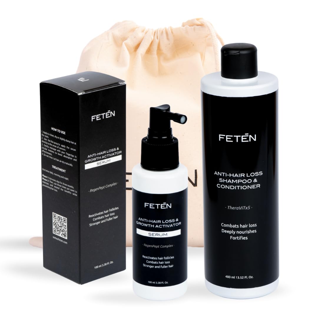 FETEN Zestaw Przeciw Wypadaniu Włosów dla Mężczyzn - Szampon i Odżywka 400 ml + Serum Spray 100 ml - Kuracja na Wypadanie Włosów - Wzrost, Objętość i Wzmocnienie - Anti Hair Loss