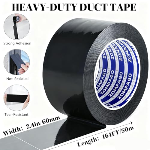 Image of ZOMPAGO Black Duct Tape Heavy Duty, 2.4in x164FT, Tearable Strong Adhesive Waterproof Seal Tape for Indoor Outdoor Use, Multi Purpose for Packaging, Bundling, Repairs, Carpet Seaming, Crafts