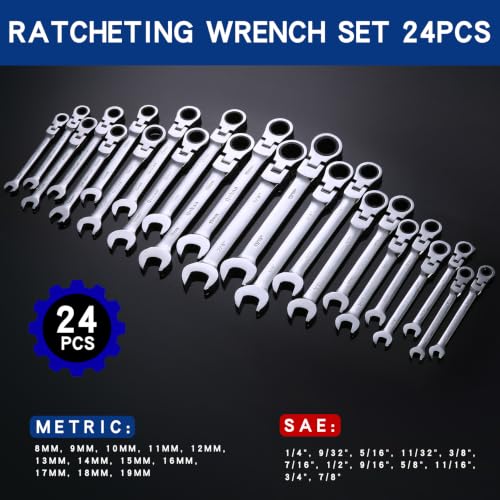Image of Qnkaa 24pcs Flexible Ratcheting Wrench Set Metric 8-19mm & SAE 1 /4 inch to 7 /8 inch | 180 Flex-Head Spanner, Gear Ring Ratchet, Combination Wrenches Kit,,Cr-V Steel With Pouches