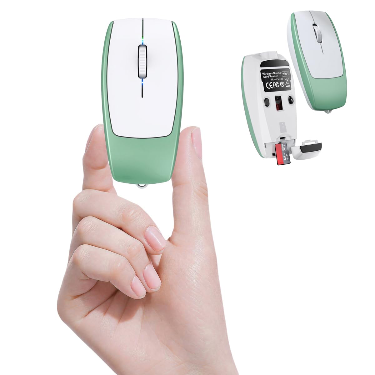Wireless Mouse Mini Small Finger Bluetooth Mouse with TF Card Reader,Silent Pocket Portable Handheld Tiny Compact USB Travel Optical Mice for PC