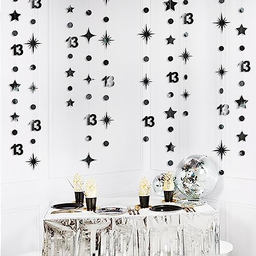 Image of Black 13th Birthday Decorations Number 13 Circle Dot Twinkle Star Garland Metallic Hanging Streamer Bunting Banner Backdrop for Girls 13 Year Old Birthday Thirteen Official Teenager Party Supplies