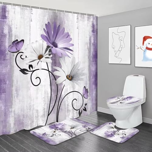 NBVKO 4PCS Rustic Purple Flower Farmhouse Shower Curtain Set,Waterproof Purple Daisy Floral Bathroom Decor Accessory Set