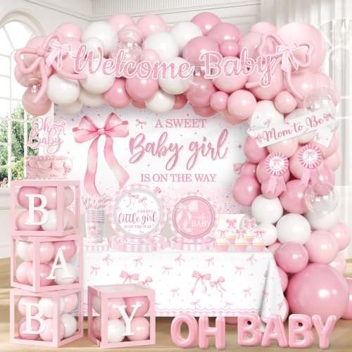 264Pcs Pink Bow Baby Shower Decorations - Pink Bow Birthday Party Supplies Include Plates Napkins Tablecloth Banner Balloons Cake Topper Coquette Baby Shower Decorations for Girls Serves 20