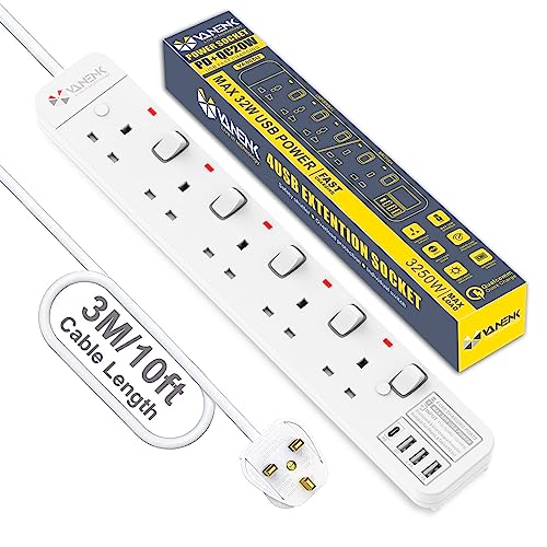 VANENIK Extension Lead with USB C 3M Surge Protector Power Strip with 4 USB Ports