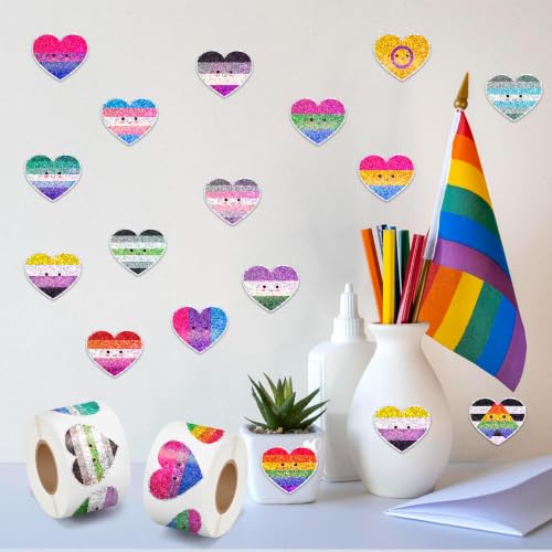 Image of LGBTQ Glitter Heart Sticker - 2Rolls Pride Month Smile Design Waterproof Self Adhesive Residue Free Removal for Laptop Water Bottle Scrapbook LGBTQ Gay Bar Party Decoration Craft Decor