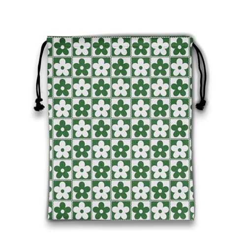 Image of Green Checkered Floral Grip Bag for Gymnast Adjustable Gymnastics Drawstring Bag Storage Pouch