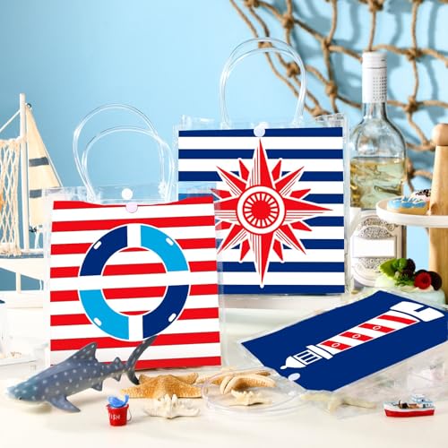 Image of Teenyyou 24 Pcs Nautical Clear Gift Bags with Handles Cruise Party Favors PVC Goodie Treat Candy Tote Plastic Gift Bags for Sailing Theme Birthday Party Supplies