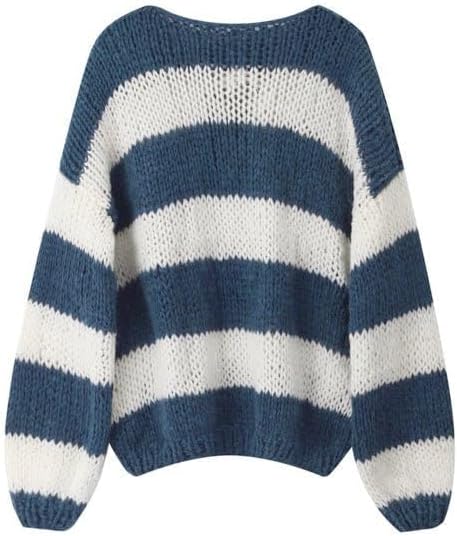 Oversized Sweaters for Women Color Block Striped Sweaters Y2K Crewneck Long Sleeve Knit Sweater - Image 4