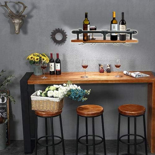 ZOVOTA Wall Mounted Wine Rack Hanging Glass Rustic Wine Rack with 5 Stem Glass Holder Floating Pipe Shelf Hanging Wood Shelf for Home Kitchen Bar
