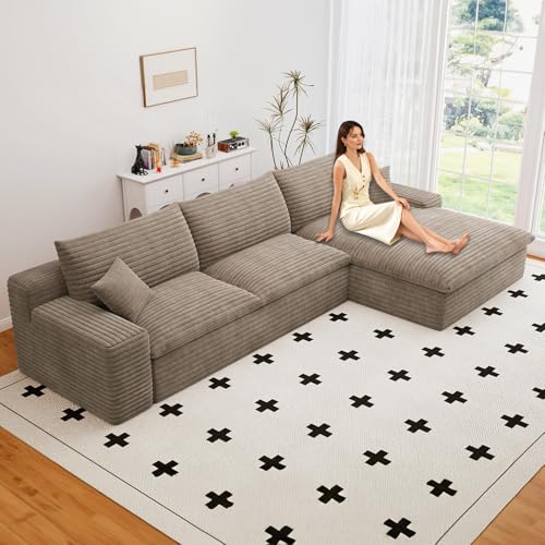 Image of 107 inch W Cloud Couch Modular Sectional Sofa for Living Room, L-Shape Boneless Couch with Deep Seat, Modern Corduroy 3-Seater, No Assembly Required (Camel,Right-Facing Chaise)