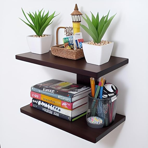 Engineering Wooden Wall Mounted Shelf, 2 Tiers, Wooden, with Potted Plants, Books, Lantern Wall Decor Brown-image-29