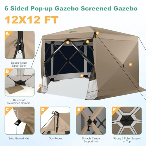 Image of COBIZI 12x12 FT Pop Up Canopy Extendable Tent, Gazebos On Clearance with Removable Roof, Screened in Gazebo with sidewalls, Screen Tents Portable carpas para Patio for Outdoor Camping,Backyard,Khaki