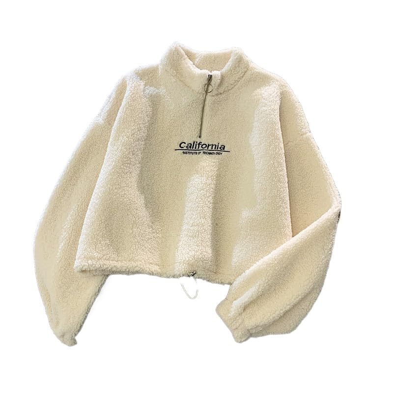 Sudadera de estética mullida Y2K para mujer, con cremallera, cálida, ropa de calle suave, ropa de chándal Fairycore con cordón, Albaricoque, L