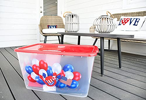 Image of SIMPLYKLEEN Storage Totes with Lids 4PC - Made in USA 14.5-Gallon Colorful Printed Decorative Design Storage Boxes Storage Bins with Lids Plastic Storage Containers for Organizer Red /Patriotic Balls