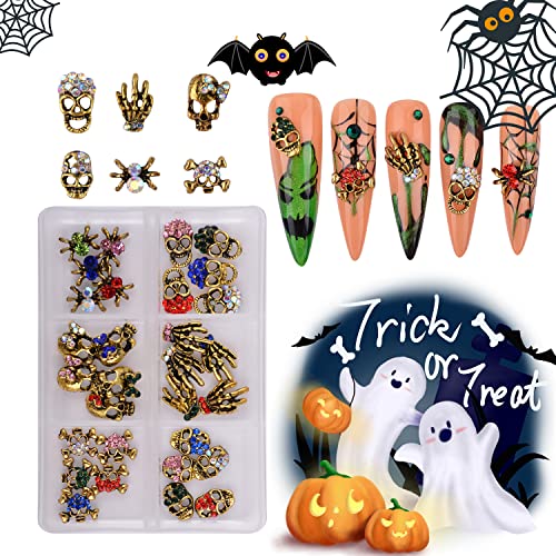 Meilinds 3D Halloween Nail Art Charms, 30Pcs Gold Skull Spider Ghost Hand Nail Rhinestones Crystal Glass Alloy Nail Decoration Vintage Skeleton Nail Art Jewelry Accessories For Women, 30 Styles #TOP13