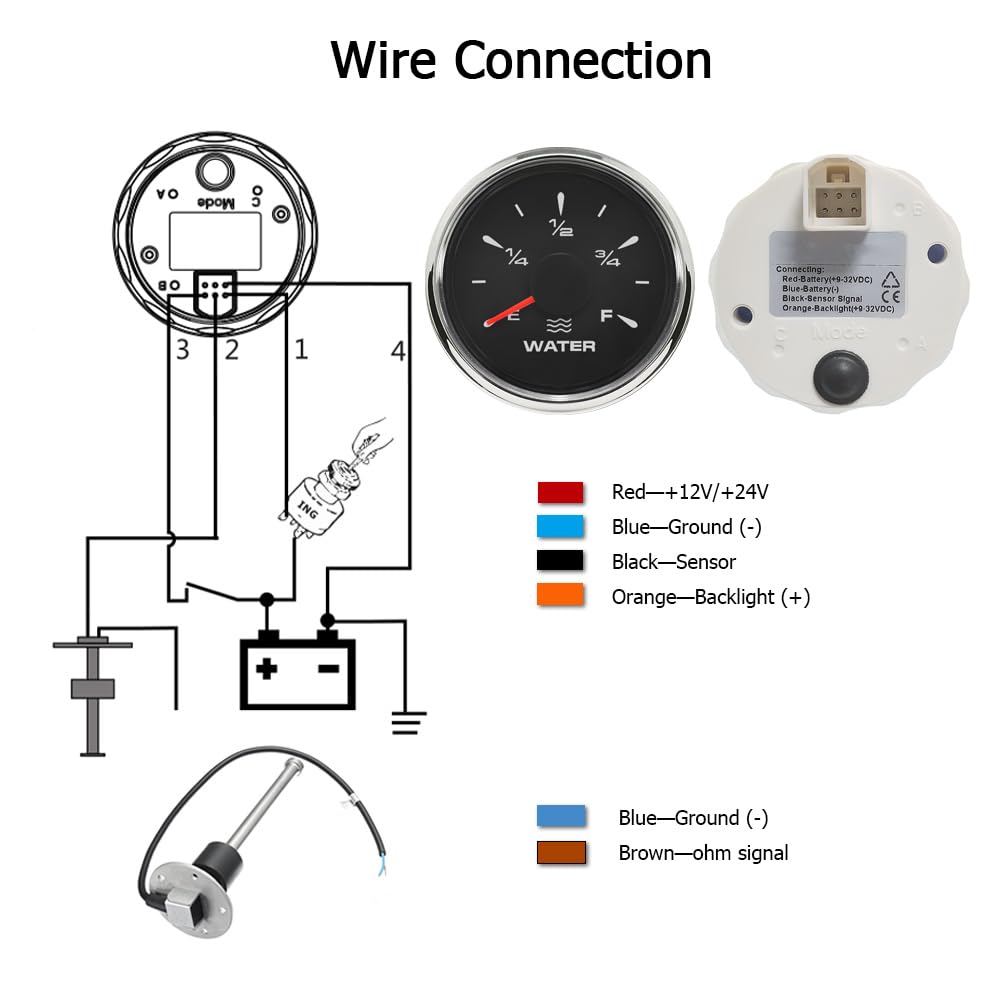 ELING 52 mm miernik poziomu wody 12 V 24 V z 8-kolorowym podświetleniem z czujnikiem poziomu 0–190 Ohm 275 mm do samochodu motorówki