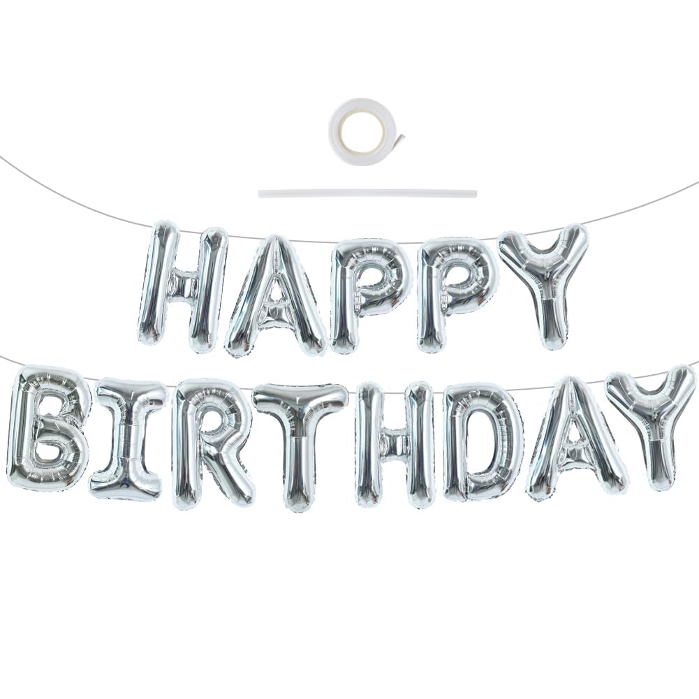 Toniful Girls Silver - Birthday Banner 16 Inch Letter Balloons Silver Happy Birthday Banner, 16 Inch Mylar Foil Letters Sign Bunting Reusable For Boys Kids & Adults Birthday Decorations Party Supplies