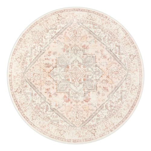 LIVEBOX Washable Peachy Pink Rug 5ft - Medallion Vintage Circle Rugs for Bedroom, Low-Pile Tribal Print Carpet for Nursery, Non-Slid Distress Floral Circular Rug for Living Room Kid's Room Entryway by LIVEBOX - Image 8