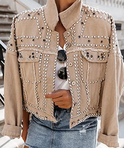 SOMTHRON Women's Cropped Rivet Studded Denim Jean Jacket Distressed Lapel Long Sleeve Rivet Trucker Coat2