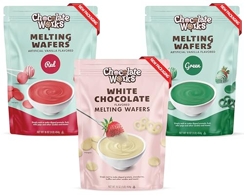 Holiday Melting Chocolate Discs, Red, Green & White, Chocolate Melts For Coating, Dipping & Candy Decorating, Bulk Chocolate Wafer Candy Melts, 5 Pack (2 Red, 2 Green, 1 White), 1 Lb Each