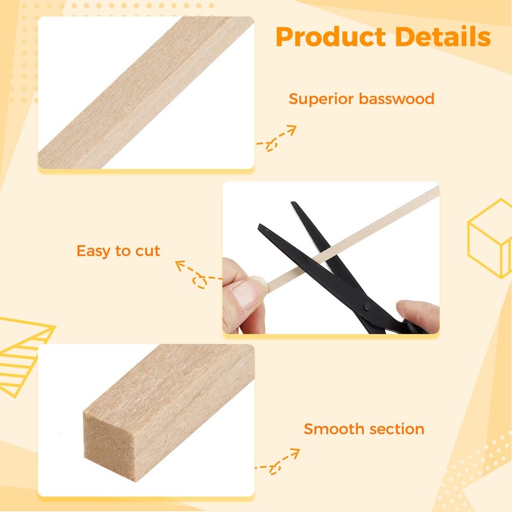 120 Stk. Lindenholzstäbchen, 0,5 x 0,5 x 30 cm Holzleisten, quadratische Holzdübel aus unbehandeltem Holz für Bastelarbeiten, DIY-Projekte und praktische Modellbauvorhaben