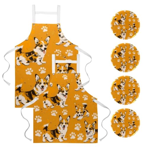 Lot de 2 tabliers de cuisine Corgi avec 4 broches pour la pâtisserie et le restaurant