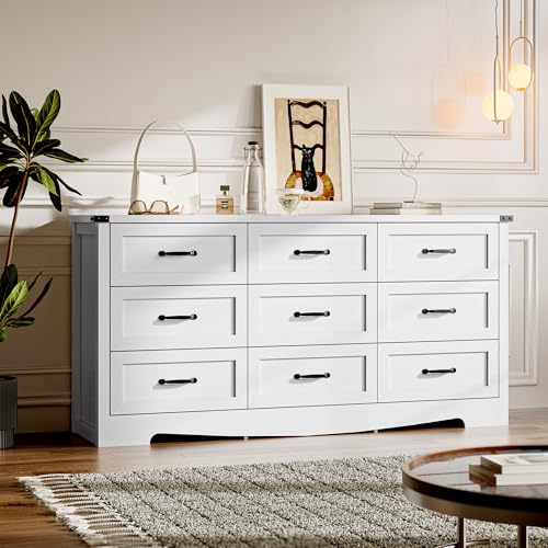 Image of BORNOON 9-Drawer Dresser for Bedroom, Modern Wooden Chest of Drawers with Metal Handles, Anti-Tipping Design, Sturdy and Stable Storage Organizer for Living Room, Entryway, Home Office