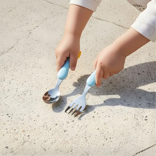 Image of Hian Kids Feeding Spoon & Fork Set - 304 Stainless Steel Children's Cutlery with Cute Design Handles, Safe Rounded Edges, Easy Grip & Travel Carry Case Included, Pack of 2 (Blue Color)