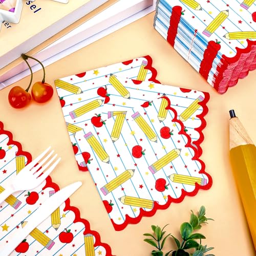 Image of Whaline 100 Pcs Back to School Cocktail Napkins Scalloped Disposable Paper Napkin Apples Pencil Notebook Beverage Dessert Napkin for Party Supplies Table Decor
