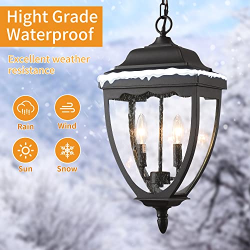 Outdoor Pendant Light Exterior Hanging Lantern, 2-Light Outdoor Hanging Porch Light, Matte Black Finish With Seeded Glass #TOP1
